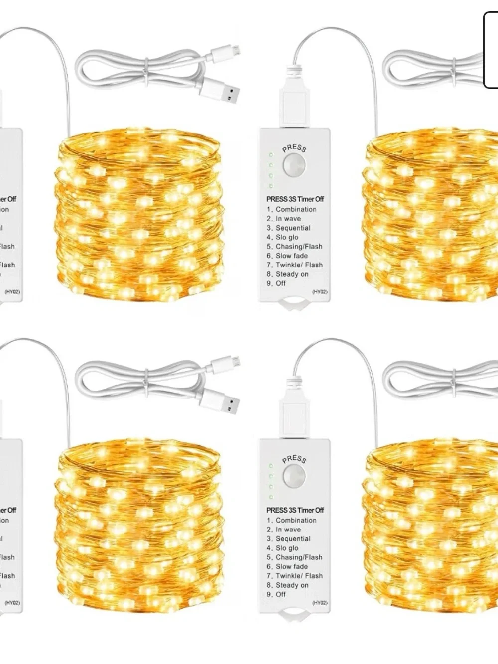 4 Pack Rechargeable Fairy String Lights 50 LED Warm White 8 Modes Timer USB